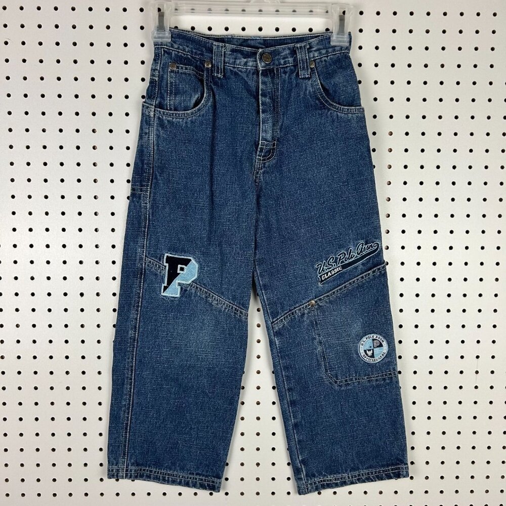 US‎ Polo Assn Y2K Baggy Jeans Boy's Size 7 Stitched Logo Cargo Double Knee Skate